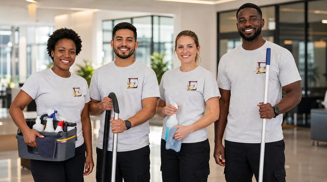 Professional cleaning team in a modern lobby