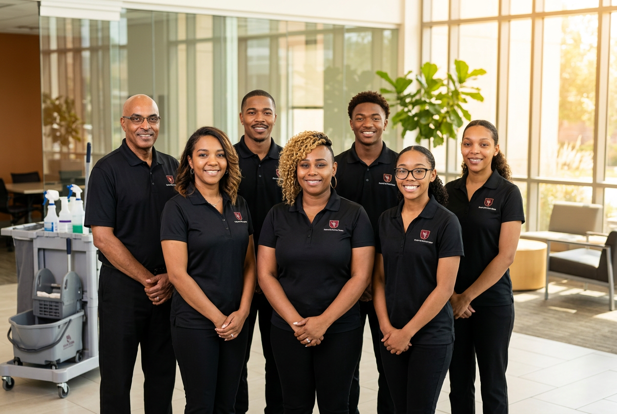 Professional cleaning team in a modern lobby